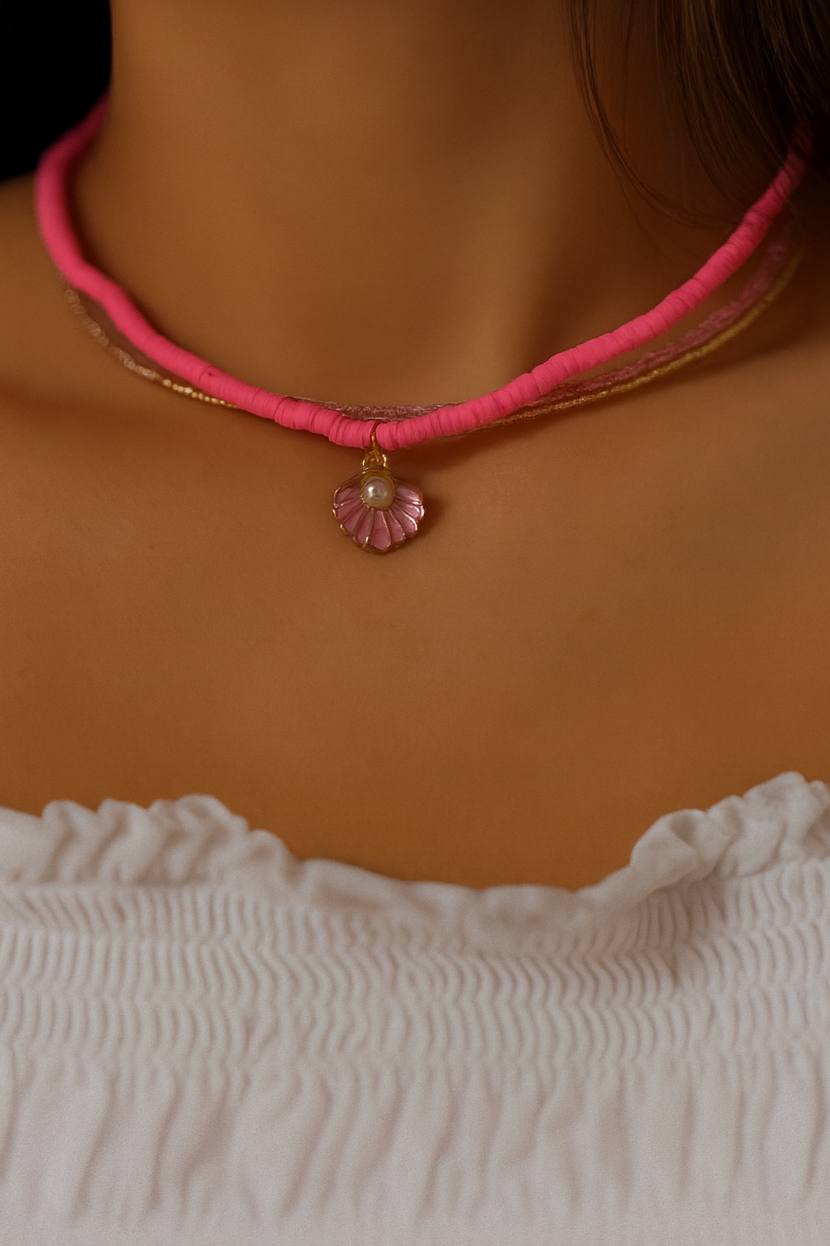 گردنبند زنانه صدف و مروارید صورتی سه رج ضد حساسیت